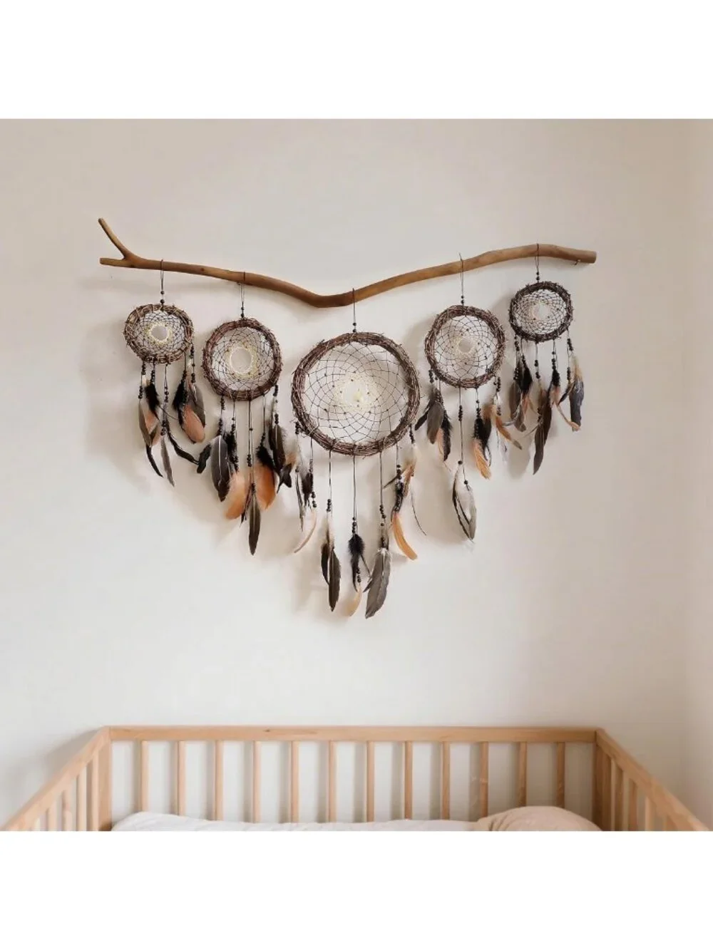 Boho Dream Catcher Wall Art Set - 5 Handmade Rattan Feathers, Rustic Decor